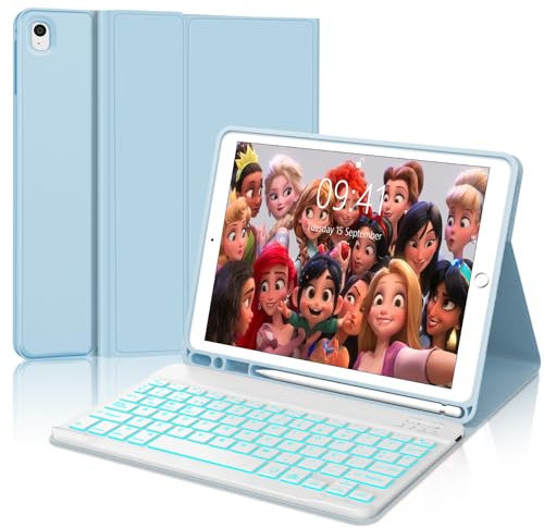 IVEOPPE Teclado iPad Multifuncional - Funda Bluetooth Española Ñ con Retroiluminación para iPad 9/8/7 Generación, Air 3, Pro 10.5 - Azul Cielo