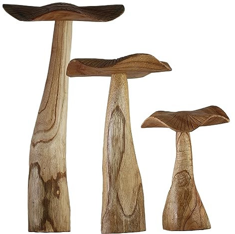 ART-CRAFT Naturnahe Holzpilz-Deko Set mit 3 handgeschnitzten Pilzen 40-30-20cm hoch - Natürliche Garten- und Verandadekoration