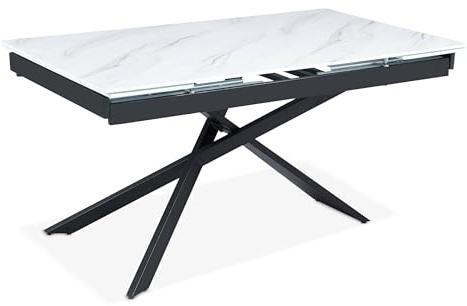 Menzzo Table à Manger Extensible Ismael en Verre Effet marbre Blanc et Pieds Métal Noir