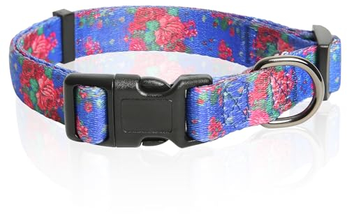 HEELE Hundehalsband, Hunde Halsband für Welpen Kleine Mittlere Große Hunde, Gemustertes Hundehalsbänder Verstellbares, Komfort, Robustem HundeHalsband, Blaue Blumen, M