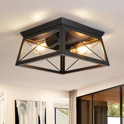 FORCOSO Deckenlampe Schwarz 2-flammig - E27 Modern Industrial LED Deckenleuchte Quadrat Metall Vintage Deckenleuchte für Wohnzimmer Schlafzimmer Küche Flur Eingang - Keine Glühbirne