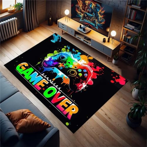 Xisnuient Tapis Salon Gamer Garçon Filles Enfants Ado Grand Tapis Chambre Coloré Hip Hop Graffiti Cool Neon Vidéo Gamepad Design Gaming Décoration Runners Carpet Rugs (Noir,160x200cm/63x79in)