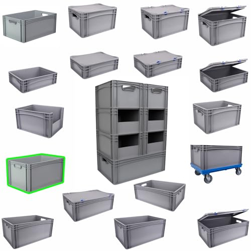 Hesselink Eurobox 60x40x32 cm, Handgriffe geschlossen, stapelbar, 64,5 Liter, grau, lebensmittelecht, Eurobehälter kombinierbar mit Deckel