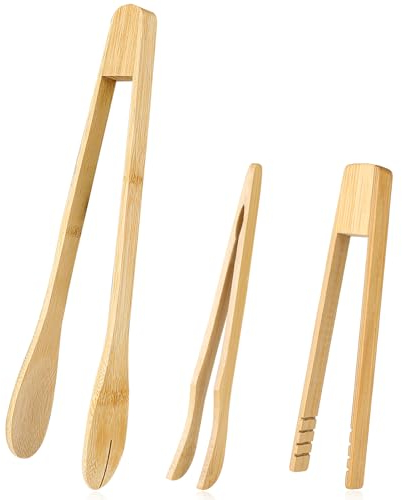 3 Stück Holzzange Küche,Zange Holz Grillzange Holz Wiederverwendbare Zange Küche Klassische Küchenzange Würstchen-Wendezange für Gegrilltes Fleisch, Käse, Speck, Muffins, Obst, Brot