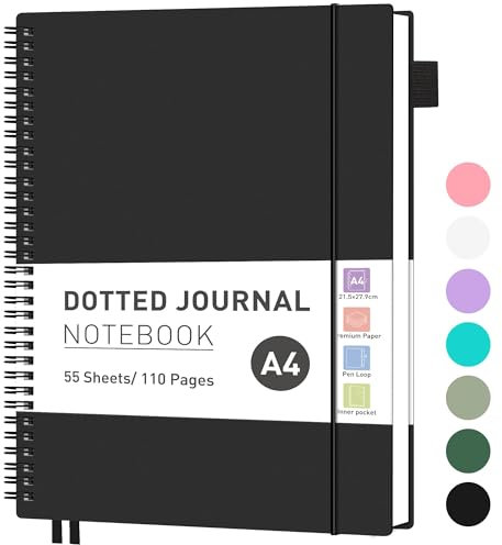 RETTACY Notizbuch A4 Gepunktetes, Bullet Dot Journal, Leichtgewicht Collegeblock, 55 Blatt / 110 Seiten Zum Schreiben, 100gsm, PVC Rinbuch, für Frauen Männer Arbeit Büro, 21,5 x 27,9cm - Schwarz