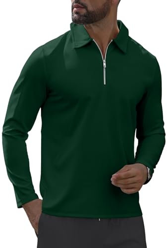 MLANM Men's Long Sleeve Zip Polo Shirt Solid Color Casual Breathable Lapel Tops L Dark Green