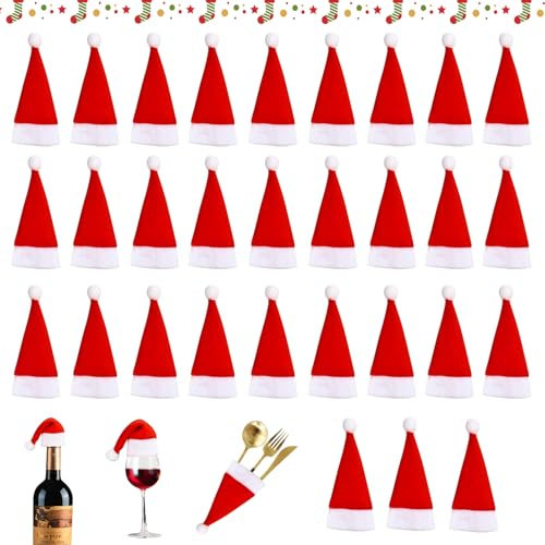 SUFANG 30 Stück Mini Weihnachtsmütze Nikolausmütze Klein Kleine Weihnachtsmützen Basteln Filz Weihnachten Besteckhalter Hats für Eier SüßIgkeit Flaschen Schneemann Dekoration Geschenk Dekoration