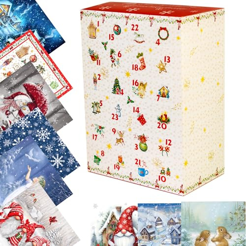 Adventskalender mit 72 Servietten Weihnachten. Motive von Papierservietten Winter Weihnachten Engel Schneemänner mit 24 verschiedenen Motivservietten. Auch für Serviettentechnik 33x33cm