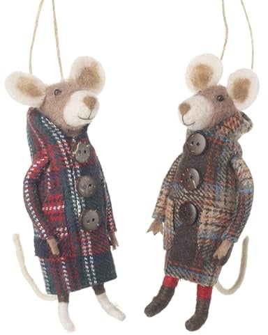 Heaven Sends Set of 2 Felt Mice in Tartan Jackets Christmas Tree Decorations