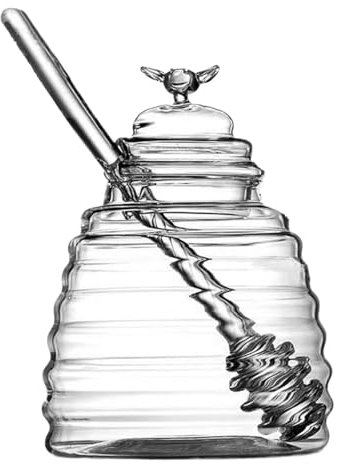 Pots à Miel Avec Louche - Pot à Miel En Verre Artistique De 500 Ml | Pot De Miel Réutilisable Avec Couvercle Intelligent | Conteneur Pour Miel Inodore | Pot De Miel En Verre