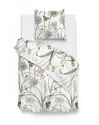 Zo!Home Mako-Satin Bettwäsche 155x220 cm Tamar White Blumen Schmetterlinge grün