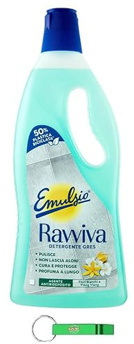 12 x Emulsio Ravviva Pavimenti Gres – Detergente per pavimenti in gres – Profumo di fiori bianchi e ylang-ylang 750 ml + portachiavi Beni Culinari