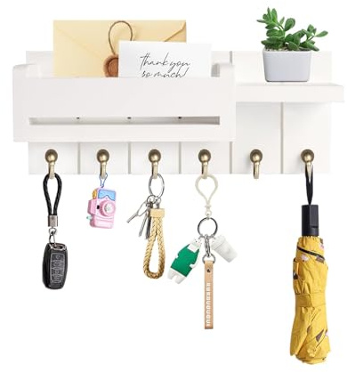 Key Holder for Wall - Key Hooks Wall Mounted with Shelf, Wooden Key Rack Letter Holder with 6 Hooks,Key Hooks for Home Decor, Key Hanger with Coat Hooks, Box Key Holders for Entryway Hallway (White)