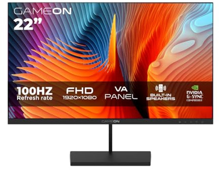 GAMEON 22 Inch FHD Gaming Monitor 1920x1080 Fast VA Display 100Hz Refresh Rate 5ms Response Time Adaptive Sync HDMI 1.4 for PC Console Gaming and Office Use, Built In Speakers - Black