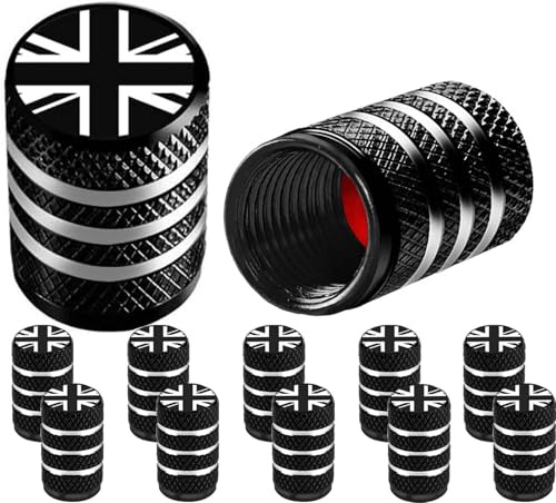 Ventilkappen aus Metall für Reifen und Räder, Legierung, Staubkappen für Auto (Lasergravierte Union Jacks), Reifen, Ventilkappen, schwarz, Metall, universell für Autos, SUVs, Fahrräder, Motorräder