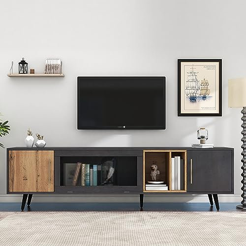 FammyLoft 200cm TV Unit with 2 Compartments, TV Stand Unit with 3 Doors, Modern Entertainment Unit for Living Room, Multiple Storage Spaces, Grey and Brown