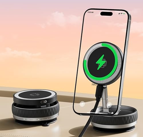 15W Wireless Charger Magnetic Phone Mount, Fast Charging Cell Phones Holder, Super Strong Vacuum Suction Magnetic, Adjustable Foldable 360 Degree Rotating Bracket for iPhone Mag Safe (Black Texture)