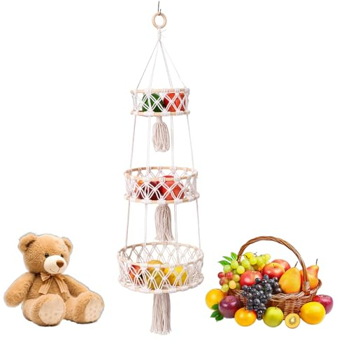 Zyiphor 3 Etagere Obstkorb Hängend Obst Hängekorb Ø30cm+25cm+20cm Böhmisches Hängekorb Küche Für Küche Wohnzimmer Hotel Wandkorb Zur Aufbewahrung und Dekoration
