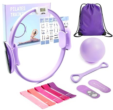 MaxU Pilates Set für Damen Ring mit Zähler,35cm Circle, Ball, Bänder & Socken.Perfektes Heimtraining-Set für Anfänger.Vielseitiges Zubehör für effektives Ganzkörpertraining zu Hause.