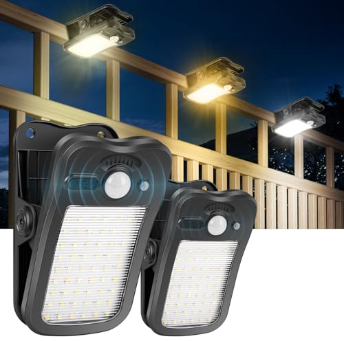 BlueYu Luz Solar Exterior con Pinza - Lámparas Solares con Sensor de Movimiento, 800LM Foco Solar 3 Modos & 3 Colores, Luces Solares con USB y Control Remoto Impermeable para Valla Jardines (2 Piezas)