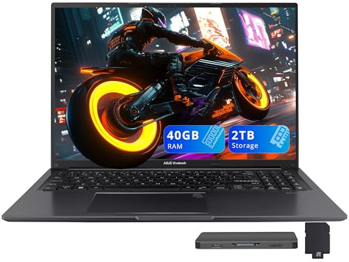ASUS Vivobook 16 WUXGA Laptop, Intel Core i7-1355U, 40GB RAM, 2TB Storage(1TB SSD+1TB Docking Station Set), Iris Xe Graphics, Backlit Keyboard, Number Pad, Fingerprint, Webcam, Win 11, Black