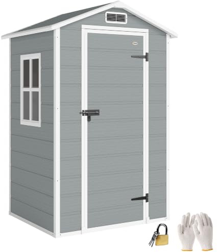 Outsunny 4 x 3 ft Plastic Garden Shed with Floor Lockable Door Light Grey | Outdoor Storage Shed, Window and Vent, for Garden Patio Garage