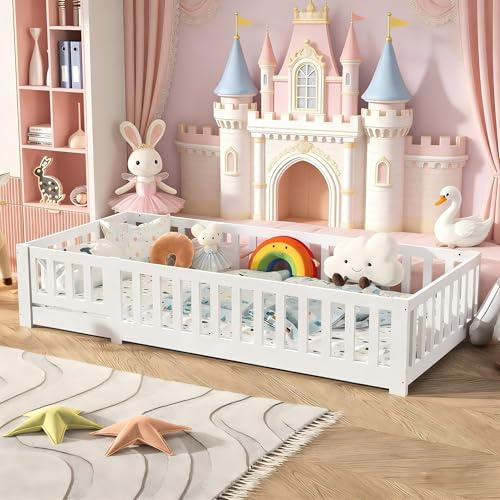 Montessori Bodenbett 80x160cm mit Zaun und Tür,Bett mit Rausfallschutz | Einzelbett Kinderbett mit Lattenrost,Jugendbett für Jungen und Mädchen,Gitterbett mit gestreiftem Bettrahmen,Weiß