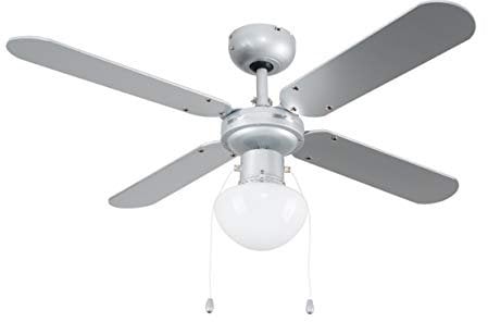 MiniSun 42 Metal Grey Modern Ceiling Fan with Frosted Opal Glass Light Shade and 4 x Reversible Silver/Black Blades - with Remote Control