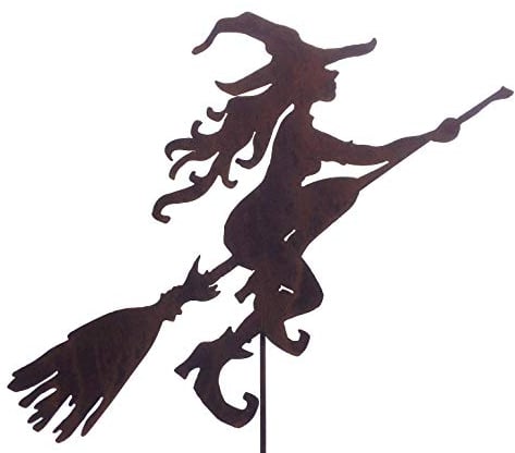 Unbekannt Junge Garten Hexe AUF Besen Metall GARTENSTECKER ROST Patina GARTENDEKO