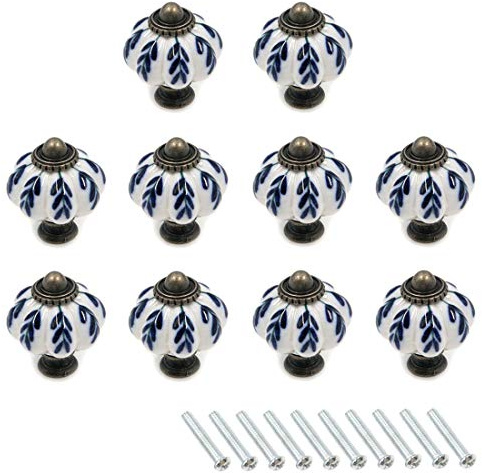 Karcy Kugelknöpfe / Schubladengriffe für Schränke, Keramik, bunt, schwarz, weiß, blau, weiß, grün, rund Blue Leaf 1.2x1.3(HxD) blau