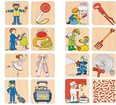 goki 56775 - Memospiel Berufe aus Holz, Erinnerungsspiel Klassiker Arzt, Polizei, Koch, Feuerwehr, Paare Finden, Fördert Gedächtnis, visuelle Wahrnehmung und Koordination, 32-er Set, ab 3 Jahr
