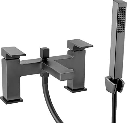 ENKI, Athena, BT0208, Gunmetal Grey-Black, Square Bath Shower Mixer Taps, Solid Brass, Easy Clean, Modern Design
