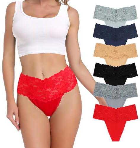 Lot de 6 strings rétro taille haute pour femme en dentelle douce sans couture en coton