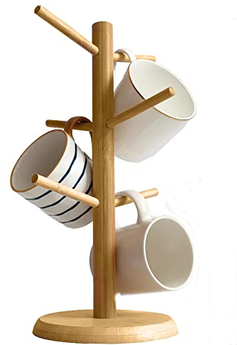 Dorhors Mug Tree,Mug Hanger Stand,Coffee Cup Holder with 6 Hooks,Wood Coffee Mug Holder for Counter (Natural)