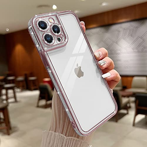 Teageo for iPhone 13 Pro Case Clear Cute Women Girls Glitter Pattern Plating Phone Case Silicone Full Camera Protection Shockproof Bumper Back Cover for iPhone 13 Pro, Pink