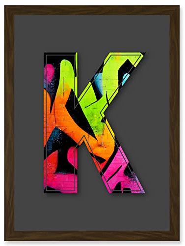 Wee Blue Coo Letter K Neon Abstract Decorative Graffiti Mural Alphabet Initial Stencil Artwork Framed Wall Art Print A4