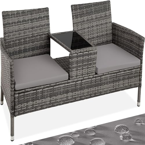 TecTake Salon de Jardin en résine tressée canapé Banc avec Table intégrée avec Verre de sécurité + Coussins - diverses Couleurs au Choix - (Gris Clair Gris | No. 404559)