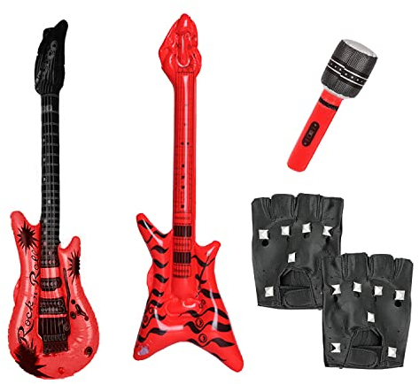 4-teiliges Punk-Rock-Party-Set, aufblasbare Gitarre, aufblasbarer Bass, Handschuhe aus PU-Leder mit Nieten, 70er-, 80er-, 90er-Jahre-Disco-Kleidungszubehör, Shows, Partys.