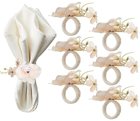 HAYCHE Lot de 6 ronds de serviette en forme de fleur d'orchidée artificielle, faits à la main, blanc, bleu, orange, rose, champagne, 4,6 cm de diamètre, parfaits pour les mariages, dîners, vacances