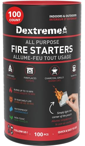 Dextreme Quick Instant Fire Starter - Waterproof All-Purpose Indoor & Outdoor Firestarter, for Charcoal Starter, Campfire, Fireplace, BBQ, Survival and Wood Stove (100 Pcs Tube)
