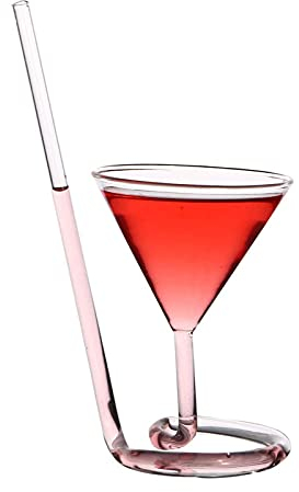 Verre à cocktail en spirale - Transparent - Avec paille intégrée - Verre à martini - Verre à vin rouge