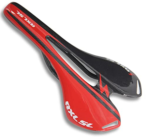 RXL SL Karbonfaser-Rennradsattel, Carbon, MTB-Sitz für Herren, Karbon-Sattel, Rennrad, MTB, Kies, BXM, Downhill-Bike, Fixie-Fahrradsitz, Hybrid-Fahrradsattel, rot, 3 K, glänzend