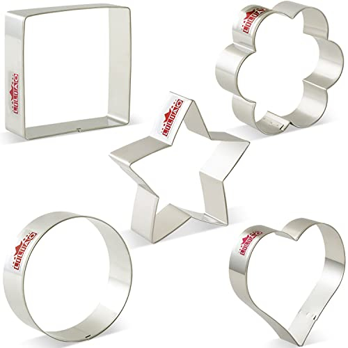 LILIAO Basic Cookie Cutter Set, 5-Pcs, Circle, Star, Square, Flower and Heart Fondant Bread Sandwich Biscuit Cutters, Stainless Steel (Small)