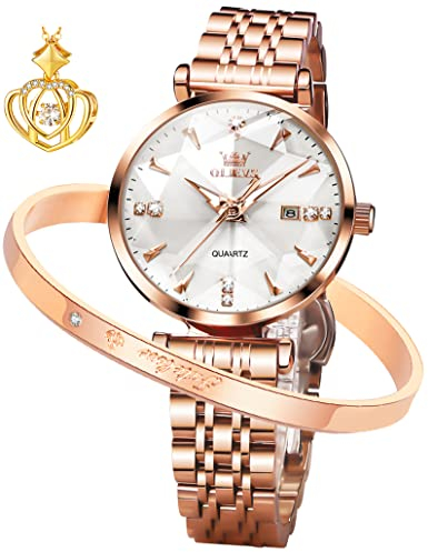 OLEVS Damenuhren Roségold Diamant Kleines Gesicht Edelstahlarmband Analoge Quarz Armbanduhren mit Kalender Leuchtend Wasserdicht Armreif Geschenke Set