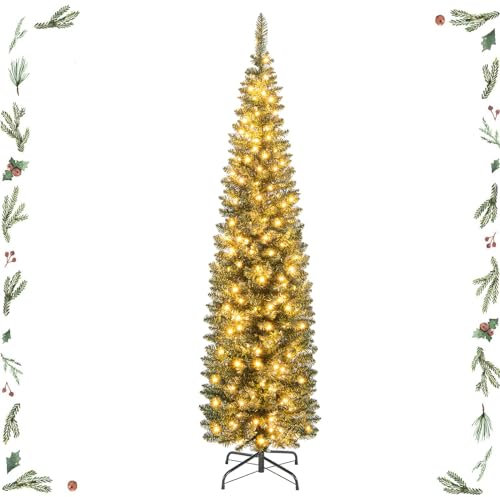 GYMAX 180 cm Albero di Natale Slim, con 180 Luci a LED, 390 Rami, Folto e Realistico, Base Pieghevole in Metallo, Montaggio Facile, Verde