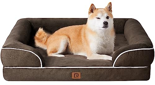 EHEYCIGA Orthopädisches Hundebett Grosse Hunde, 91x68x15cm, Memory Foam Hundekorb Mittelgroße Hunde, Waschbar Hundesofa Wasserdicht rutschfest, Hundecouch mit Hohem Rand, Braun