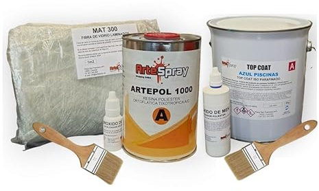 Artespray - Kit Reparación Piscinas Prefabricadas de Fibra de Vidrio (1Kg Resina Poliester, 1Kg Top Coat Azul Piscinas, 1m2 Fibra Mat 300, 2 Peroxido 20gr y 2 Brochas)