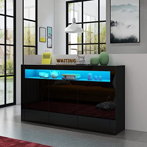 Generic Sideboard Schrank Modern Wohnzimmer Anrichte Möbel 3 Türen Hochglanz TV Lowboard mit LED Licht 152x35x97cm - Schwarz