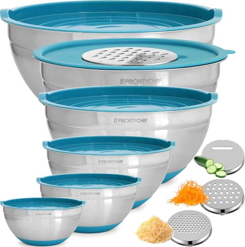 Priority Chef 6Pc Large Mixing Bowls With Lids Set with Non-Slip Bases, Stainless Steel Mixing Bowl Set, 6 Airtight Lids and 3 Graters, Serving Nesting Metal Bowl Set, Turquoise