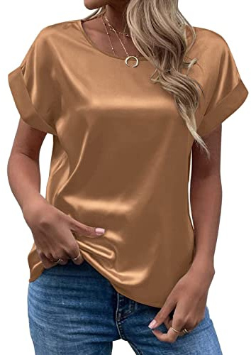 Satin Bluse Damen Elegant - T Shirt Damen Kurzarm Seidenbluse Seidentop Rundhals Sommer Oberteile Casual Arbeitshemd Lose Bequeme Blusenshirt T-Shirt